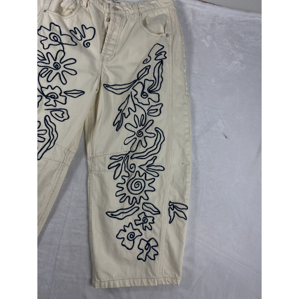 We The Free People Good Luck Soutache Barrel Jeans 31 Ivory Embroidered FLAW - Picture 4 of 16